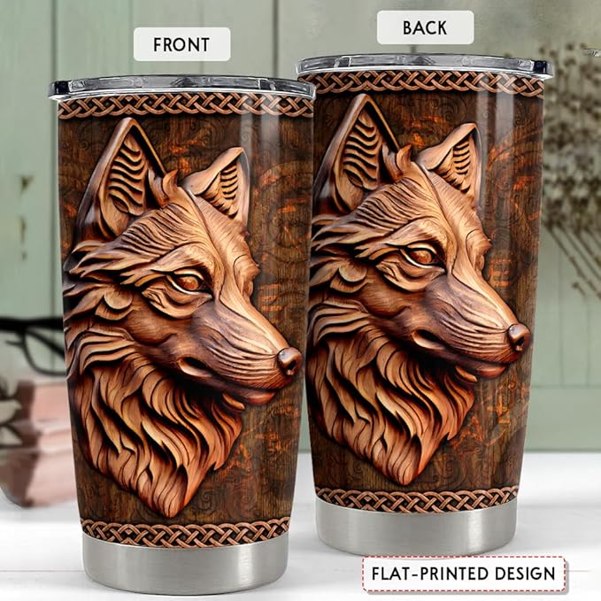 SANDJEST Wolf Tumbler 20oz Wolf Wood Drawing Stainless Steel Insulated Tumblers Coffee Travel Mug Cup Wolf Gift for Men Boys Gifts for Birthday Christmas - Bloomnest