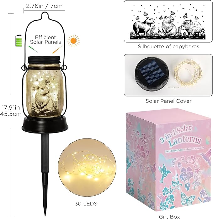 Capybara Gifts for Women/Men Capybara Solar Lanterns Mom Grandma Birthday Present Lantern Memorial Lights Solar Garden Decoration Outside for Yard, Patio,Backyard,Porch Torches - Bloomnest