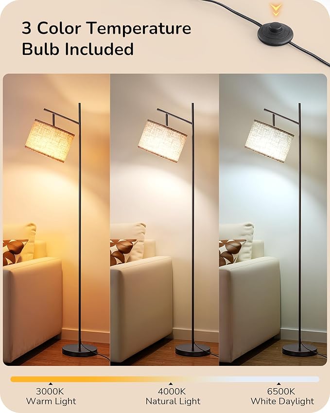 EDISHINE Modern Floor Lamps for Living Room, 64.7" Minimalist Standing Lamp with 3 Color Temperatures Bulb & Adjustable Linen Shade, Foot Pedal Switch, Arc Tall Lamp for Bedroom Office, Black - Bloomnest