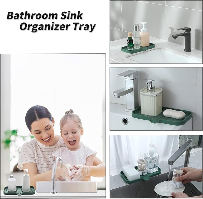 Silicone Bathroom Soap Dishes with Drain Spout-Bathroom and Kitchen Sink Organizer,Sponge Holder,Dish Soap Tray,Perfect for Dispenser,Scrubber,Bottle,Cup on Sink or Counter-Green 9.6"×5.3" - Bloomnest