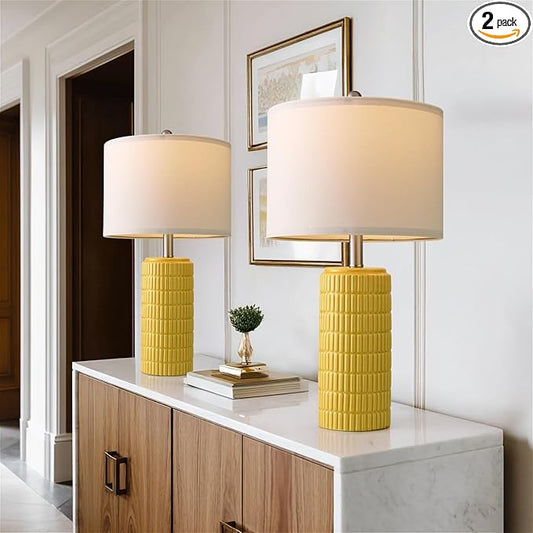 PoKat 23" Yellow Table Lamps Set of 2, Modern Living Room End Table Lamps Decor, Ceramic Lamps for Living Room, Contemporary Nightstand Lamps for Side Console Table Hallway Gift - Bloomnest