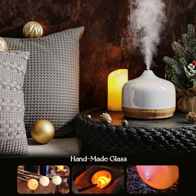 Porseme 500ml Glass Essential Oil Diffuser Aromatherapy Ultrasonic Cool Mist Humidifier 15-21 Running Hours Waterless Auto-Off Air Diffusers for Sleeping Yoga Office Working Spa and Rest (White Jade) - Bloomnest
