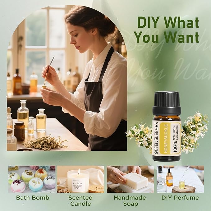 GREENSLEEVES Honeysuckle Essential Oil, 10ml Pure Plant-Based Fragrance Oil for Aromatherapy, Essential Oils for Diffuser, Air Freshener, Massage, Bath Bomb, Scented Candle Soap Making GREENSLEEVES