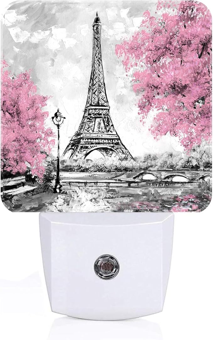 Cherry Blossoms and Eiffel Tower Night Light,Plug Into Wall Decor for Stairway,Hallway,Kitchen,Dusk to Dawn Sensor Nightlights for Boys/Girls/Women/Men Room Gifts - Bloomnest