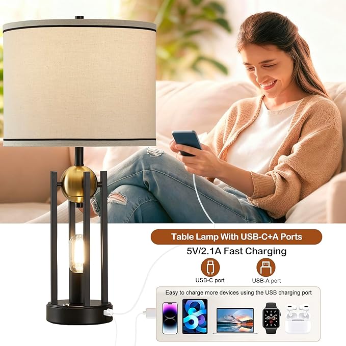 25'' Farmhouse Table Lamps for Living Room Set of 2 with USB C+A Ports, Vintage Bedside Lamp for Bedroom, Touch Lamps for Nightstand, Dual Lights Independent Switch, 4 Bulbs Included, Gold - Bloomnest