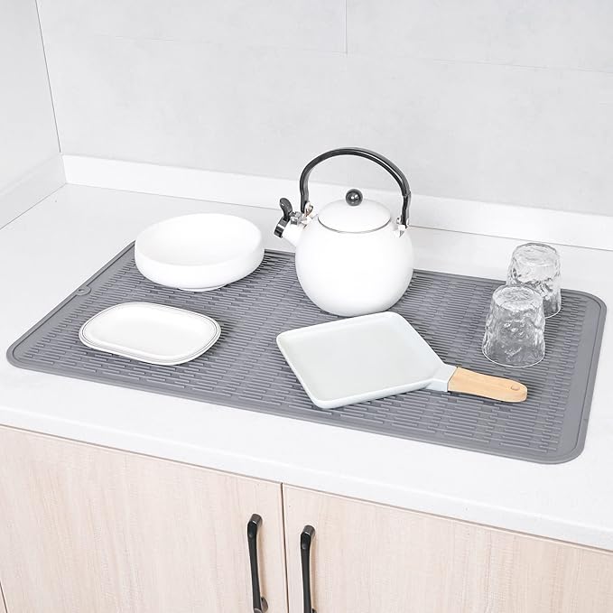 Silicone Dish Drying Mat for Multiple Usage,Easy clean,Eco-friendly,Heat-resistant Silicone Mat for Kitchen Counter or Sink,Refrigerator or Drawer Liner Grey 4XL 32 inches x 18 inches - Bloomnest