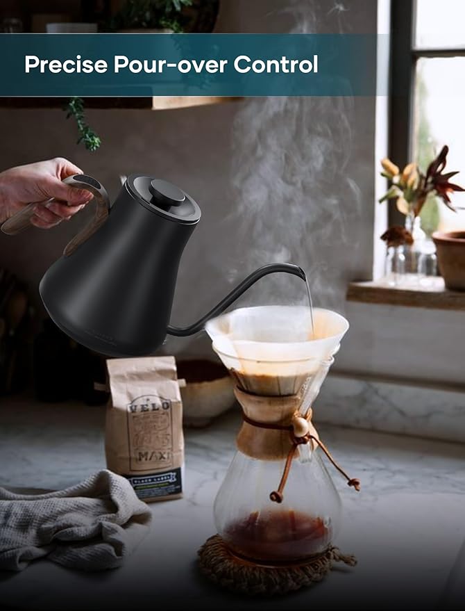 Gooseneck Electric Kettle with ±1℉ Temperature Control for Pour Over Coffee & Tea, Quick Heating, BPA-Free Stainless Steel, Built-in Brew Timer, 1500W/0.9L (Onyx Black) - Bloomnest