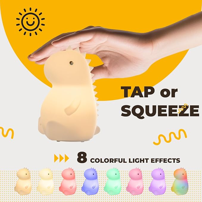 LED Squishy Animal Night Light - 2 Level Dimmable Nursery Lamp for Kids, Rechargeable Touch Lamp, Cute Dorm Decor - Perfect Baby Boys Girls Gift (Little Dinosaur) - Bloomnest