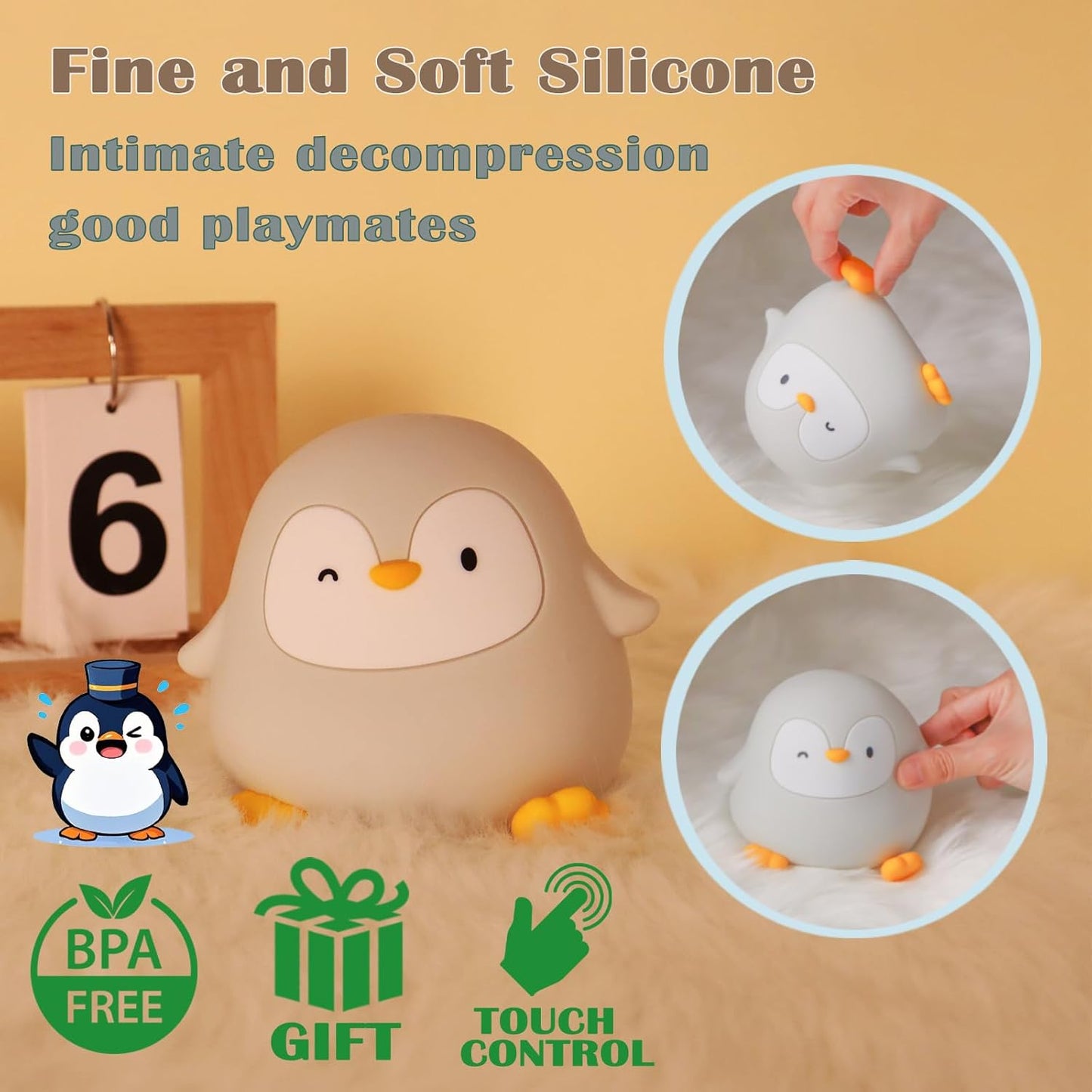 Penguin Night Light with Squishy Soft Silicone, RGB Flashing Color, Dimmable Rechargeable Portable Touch Penguin Gifts Decor for Girls Boys
