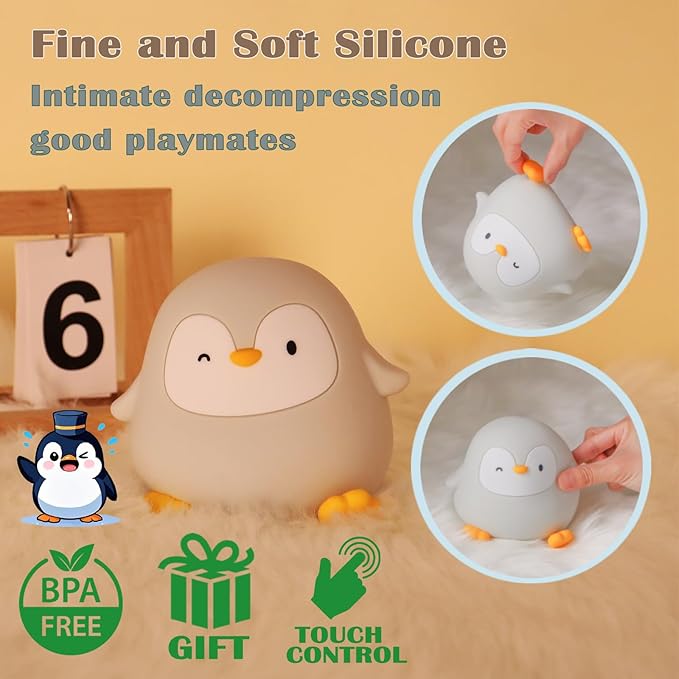 Penguin Night Light with Squishy Soft Silicone, RGB Flashing Color, Dimmable Rechargeable Portable Touch Penguin Gifts Decor for Girls Boys - Bloomnest