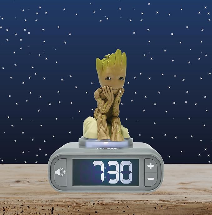 LEXiBOOK, Marvel Guardians of The Galaxy, Groot Nightlight Alarm Clock, Sounds and Melodies, Backlit LCD Screen, Illuminated, Snooze, Grey/Brown, RL800GG - Bloomnest