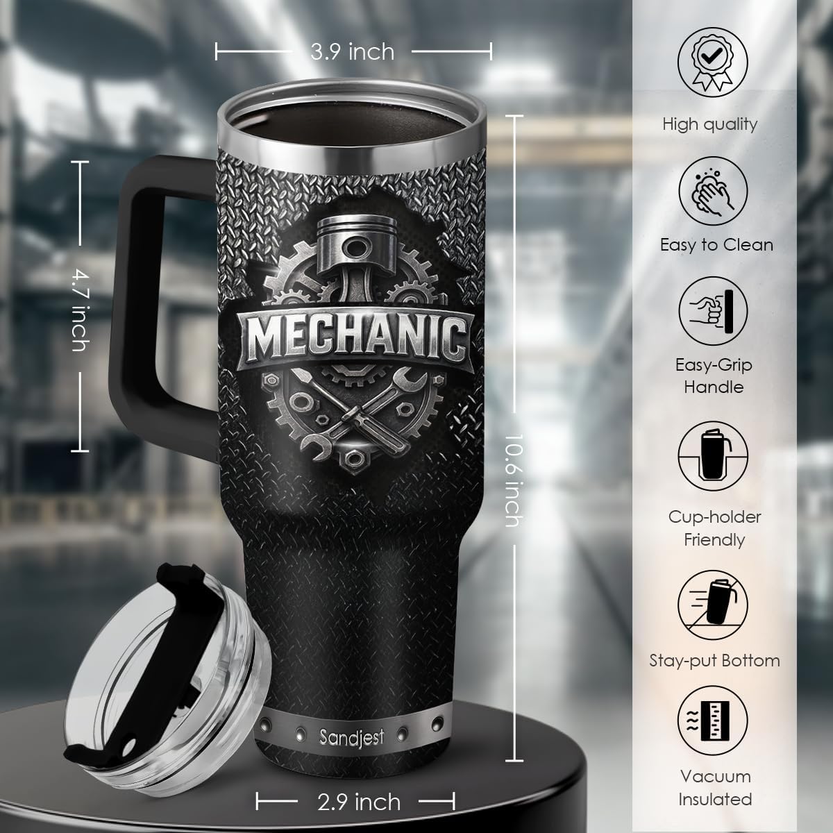 SANDJEST Mechanic Gift for Men, 40oz Stainless Steel Insulated Coffee Tumbler With Lid & Straw, Travel Mug Gift for Dad Husband, Christmas Birthday Father's Day