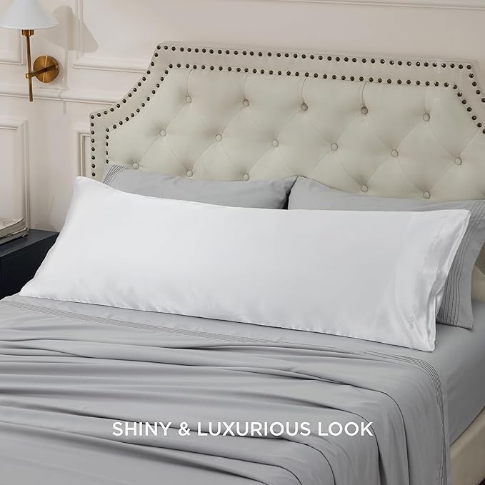 Bedsure Satin Body Pillow Pillowcase - Similar to Silk White Body Pillow Cover Case with Envelope Closure,Cooling and Silky Long Pillowcase for Hair and Skin,20x54 Inches - Bloomnest