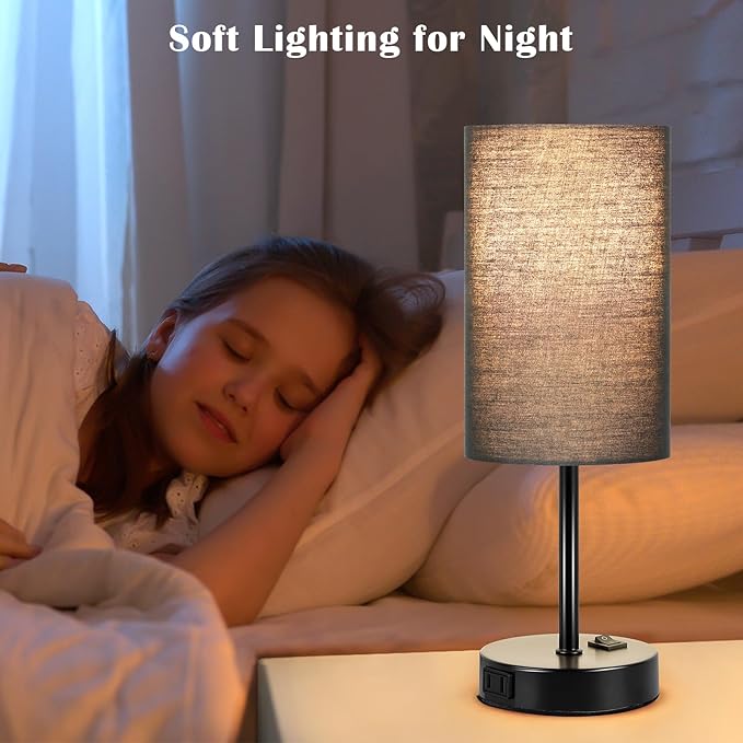 ZJOJO Table Lamp for Bedroom Set of 2, Bedside Small Lamps with 3 Way Dimmable Rocker Switch and AC Outlet, Nightstand Desk Lamp with Black Fabric Shade Black Base for Living Room Home Decor Lights - Bloomnest