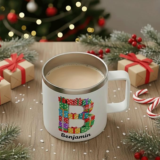 Personalized Christmas Mug with Name, 12oz Insulated Coffee Tumbler with Handle, Custom Present Wreath Initial Cup, Festive Holiday Xmas Gift for Women, Her, Mom(B04) - Bloomnest