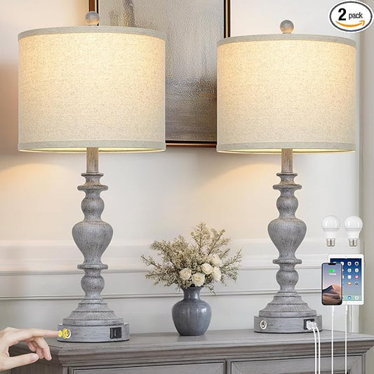 27" Tall Table Lamps for Living Room, 3-Way Dimmable Touch Control Farmhouse Vintage Table Lamps Set of 2 with USB C+A Ports and AC Outlets, Rustic Bedside Nightstand Lamp for Bedrooms Office Grey - Bloomnest