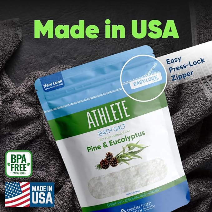 Athlete Bath Salt 32 Ounces Epsom Salt with Natural Lavender, Pine, Peppermint and Eucalyptus Essential Oils Plus Vitamin C in BPA Free Pouch with Easy Press-Lock Seal - Bloomnest