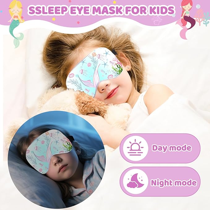 2 Pcs Sleep Mask for Kids Girls, Silk Eye Covers for Sleeping, Adjustable Strap & Light Blocking Design, Children's Bedtime Blindfold for Travel and Home Use (Mermaid) - Bloomnest