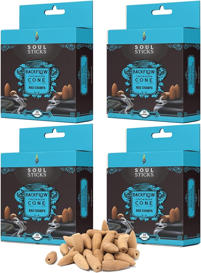 Soul Sticks Backflow Incense Cones – 40 Handmade Organic Cones for Waterfall Burner | 4 Pack Long Lasting Aromatic Scents | Thick White Smoke Incense for Meditation, Yoga & Gifts (Nag Champa)