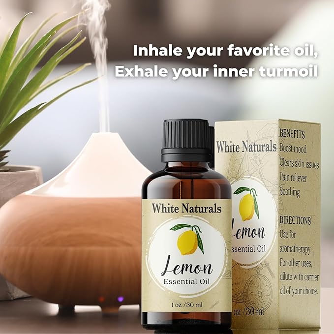 Organic Lemon Essential Oil by White Naturals, 100% Natural and Pure, Therapeutic Grade for Aromatherapy, Massage, Household Cleaning, Hair Care, Skincare, DIY Soap Making & Diffuser, Vegan 1 Ounce - Bloomnest