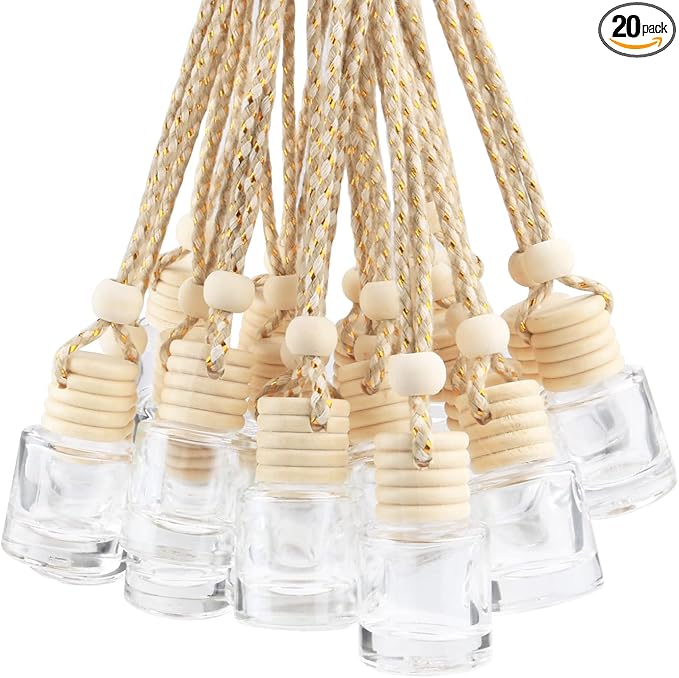 20 Pcs 8ml Hanging Car Air Freshener Diffuser,Empty Clear Glass Essential Diffuser Oil Aromatherapy Fragrance Perfume Pendant Glass Vials with Wooden Caps & Hanging String,Cylindrical - Bloomnest