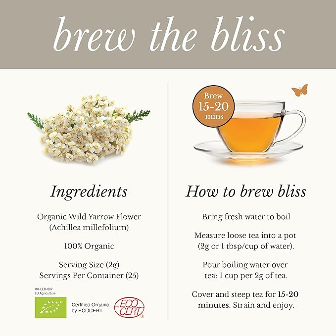 Wild Bliss Organic Yarrow Tea - Caffeine Free Loose Leaf Herbal Tea - Pharmacopoeia Potency - 1.76 Ounces - 25 Servings - Bloomnest