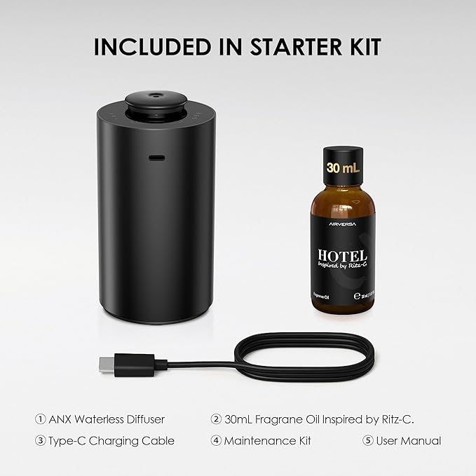 Waterless Essential Oil Diffuser Starter Kit with 30mL Hotel Scent Fragrance Oil Inspired by Ritz-C., Battery Operated Premium Portable Mini Scent Air Machine for Home Car Office, Black ANX - Bloomnest