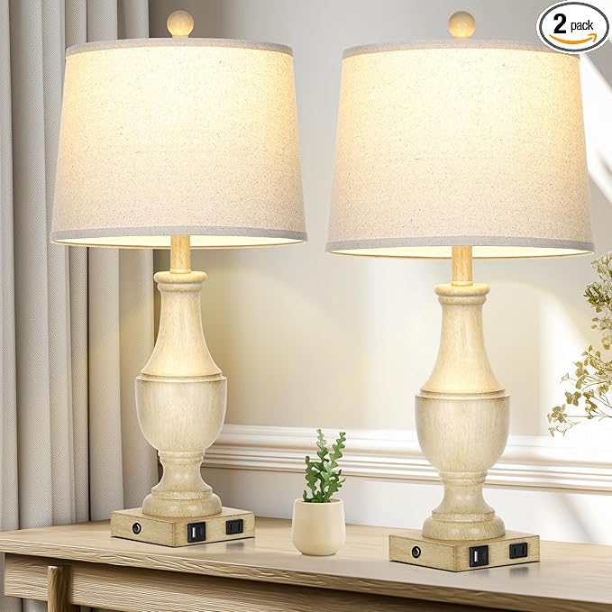 Farmhouse Lamps Set of 2, Vintage Rustic 3-Way Dimmable Touch Control Table Lamp with USB A+C Charging Ports & AC Outlet, Retro Resin Bedside Lamp Linen Shade for Bedroom Office Antique White - Bloomnest