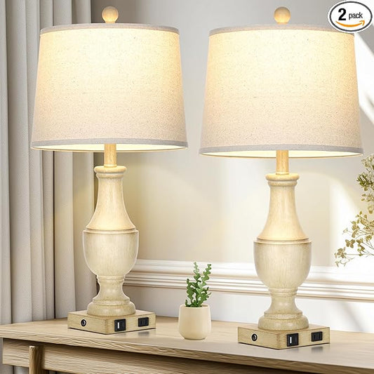Farmhouse Lamps Set of 2, Vintage Rustic 3-Way Dimmable Touch Control Table Lamp with USB A+C Charging Ports & AC Outlet, Retro Resin Bedside Lamp Linen Shade for Bedroom Office Antique White - Bloomnest