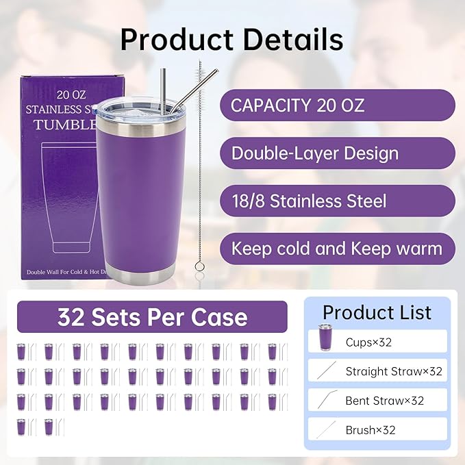 IEOVIEE 32 Pack, 20oz Stainless Steel Bulk Tumblers with Lids and Straws, Double Wall Insulated Travel Mug, Durable Powder Coated Tumbler Bulk Cup for Cold and Hot Drinks(Purple) - Bloomnest