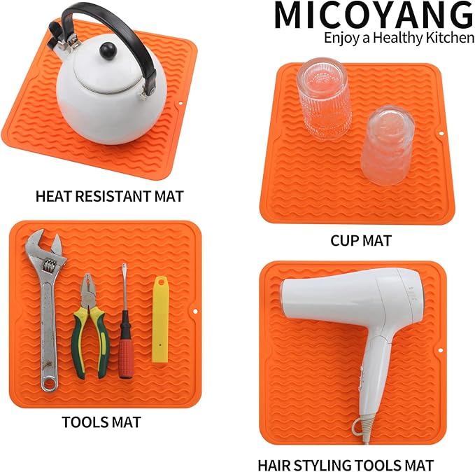 Silicone Dish Drying Mat for Multiple Usage,Easy clean,Eco-friendly,Heat-resistant Silicone Mat for Kitchen Counter or Sink,Refrigerator or Drawer liner Orange M 12 inches x 12 inches - Bloomnest