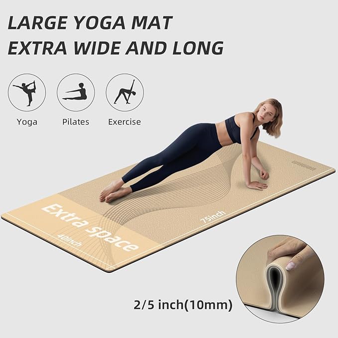 Large Yoga Mat 75"x 40"x10mm (2/5 inch) – Extra Thick & Wide, TPE Fitness Mat, Printed Non-Slip Exercise Mat with Carrying Strap for Men & Women, Pilates, Stretching, Fitness & Workout - Bloomnest