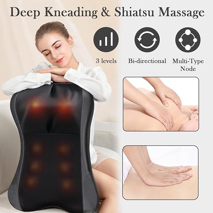 Back Massager with Heat, Shiatsu Neck and Back Massager for Pain Relief Deep Tissue, 3D Deep Kneading Cushion Massage for Neck Shoulder Legs, Suitable for Office and Home, Gifts for Men Women - Bloomnest
