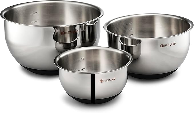 HexClad Stainless Steel Mixing Bowl Set, 3-Piece with Vacuum Seal Lids and Non-Slip Base, 1.3,3 and 5 Quarts - Bloomnest