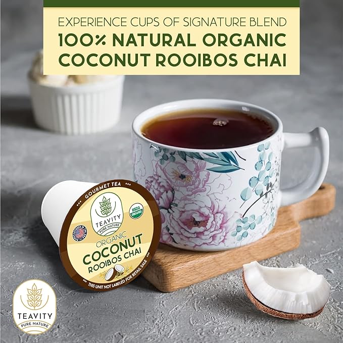 Coconut Rooibos Chai Tea Pods for Keurig - Organic Ginger Tea, Rooibos, Cinnamon, Cardamom, Coconut & Chai by Teavity (24 Tea Pods) - Bloomnest
