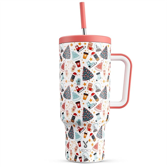 Meoky 40 oz Christmas Tumbler with Handle and Straw, Xmas Tumbler with Lid and Straw, Insulated Stainless Steel Travel Mug, Christmas Gifts for Women Men Adults (Snowy Fir) - Bloomnest