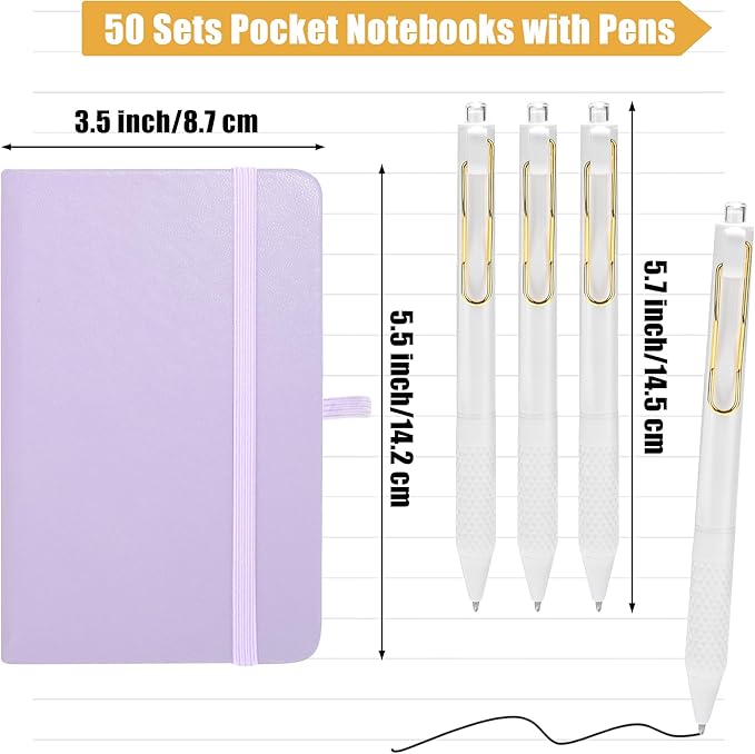 Aodaer 50 Sets Pocket Notebook Journal with Pens, 160 Pages, 3.5 x 5.5 Inch Mini Lined Journal Notebook A6 Leather Hardcover College Ruled Notepad with Pen Holder for School Office Gifts, Lavender - Bloomnest