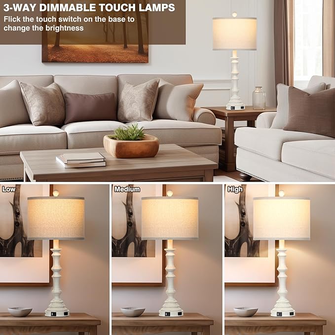 27.5" Farmhouse Table Lamps Set of 2 with USB C+A Ports & AC Outlet for Vintage Living Room Retro Bedroom,3-Way Dimmable Touch Lamp Resin Bedside Lamps for Nightstand Side End Table,White-1 - Bloomnest