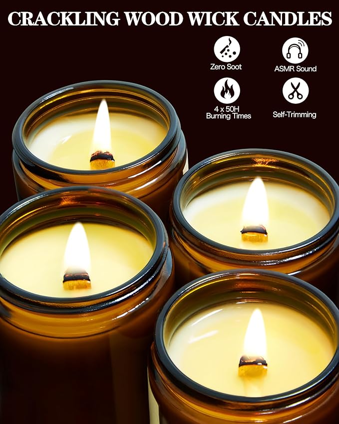 28oz Wood Wick Candles That Crackle: 4 Pack Scented Candles for Home Scented, Aromatherapy Candle Set with Crackling Wooden Wick Up to 200H Burning Candle Gift Set for Birthday Thanksgiving Christmas - Bloomnest