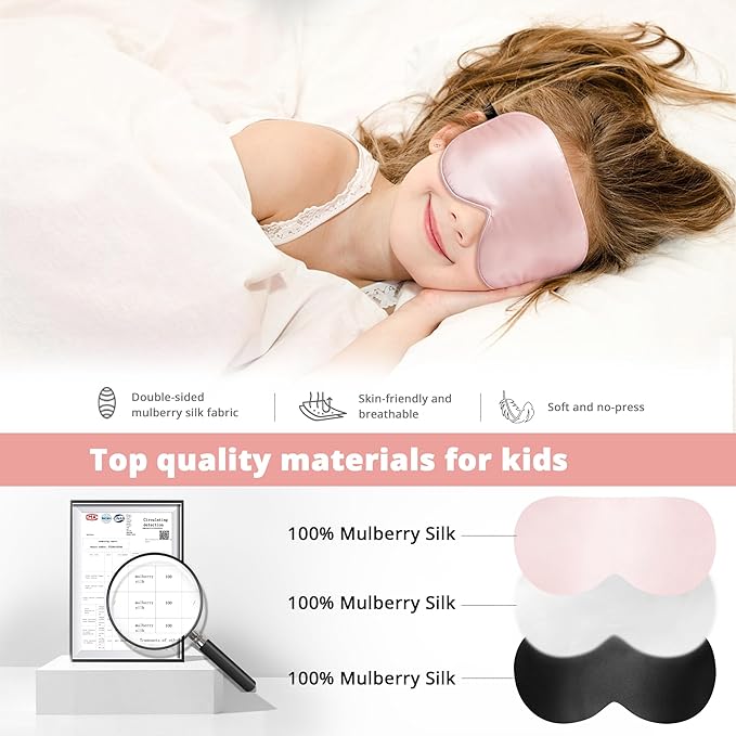Kids Sleep Mask Eye Cover, 100% Real Natural Pure Silk Eye Mask with Adjustable Strap, Blindfold Kids Eye Mask for Sleeping, Eye Shade for Boys Girls and Adult, Pressure-Free Comfort (Pink) - Bloomnest