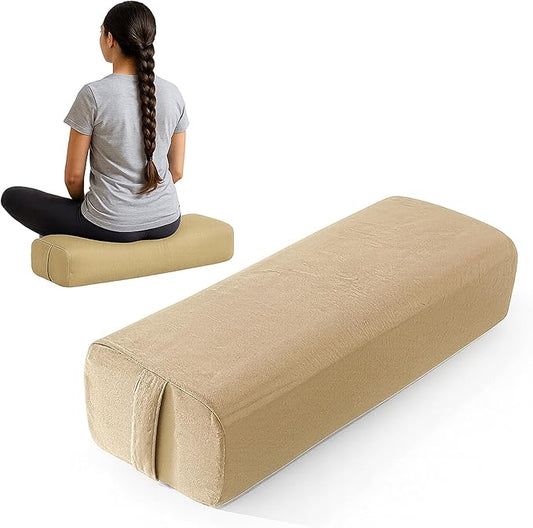 Rectangular Yoga Bolster Pillow for Meditation, Yoga & Back Support – Soft Meditation Cushion with Removable Hand Wash Cotton Cover & Carry Handle (beige) - Bloomnest