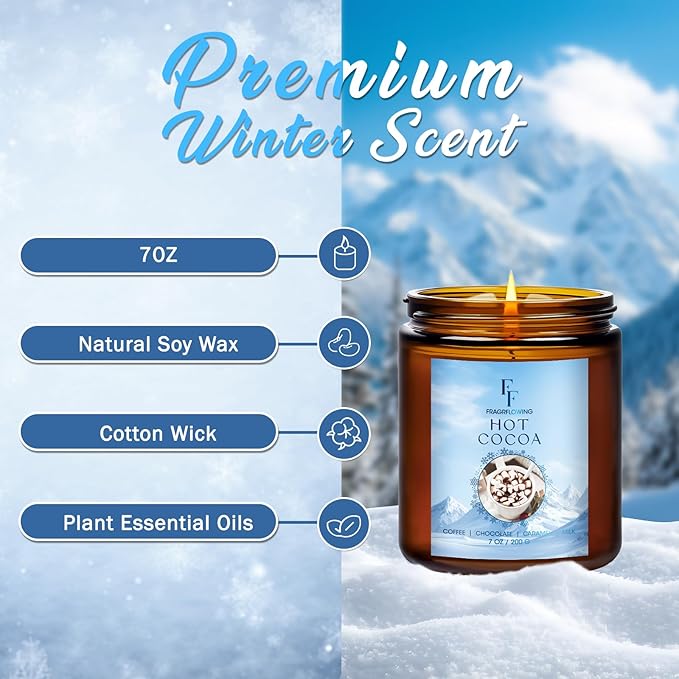 Winter Candle, Hot Cocoa Scented Candles for Home, Holiday Candles Natural Soy Candle, Aromatherapy Candle 7 oz Jar Candles Winter Gifts for Women Men - Bloomnest