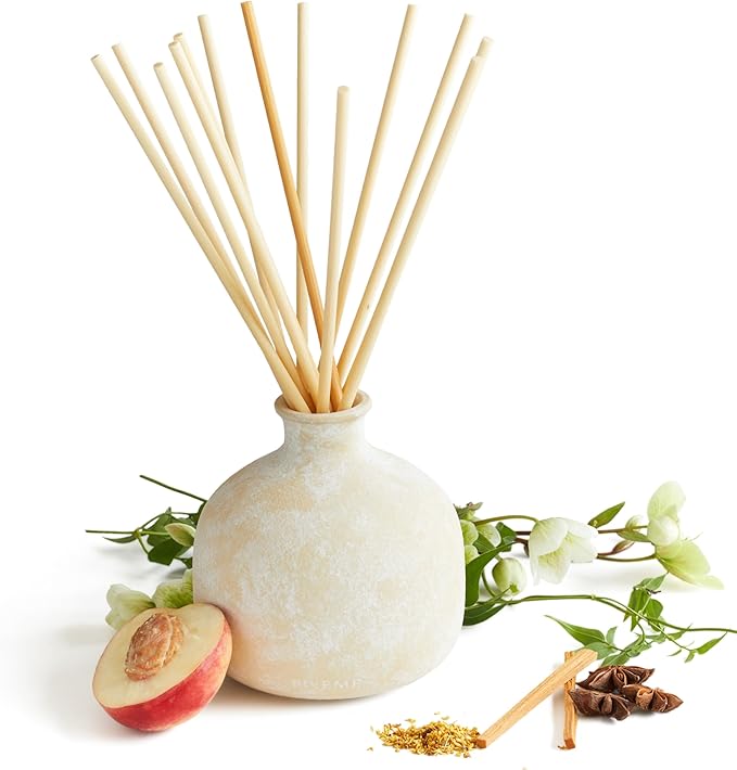 BLUEME Calm-Osmanthus & Sandalwood, 16.91 Fl Oz Wellness Diffuser, Contains Essential Oil, Sustainable, Hand Finished, Premium, Luxury Ceramic, Natural Rattan Reeds