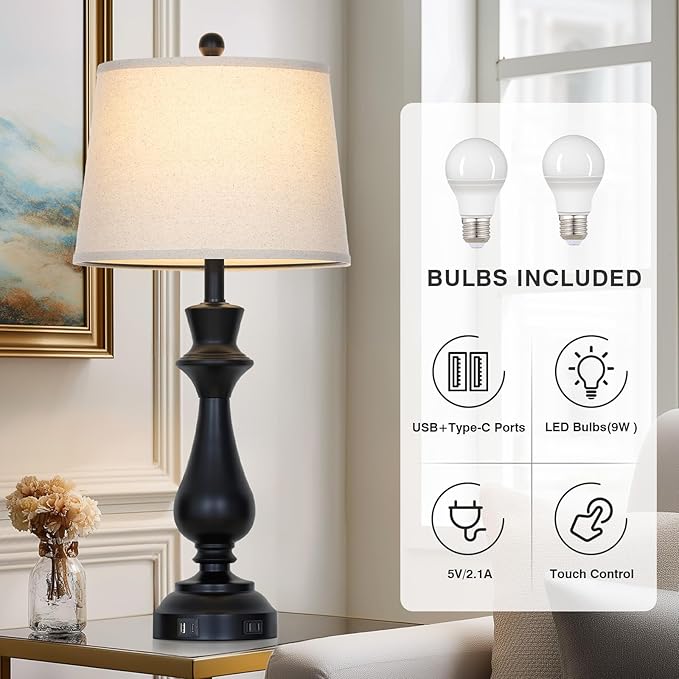 Modern Black Table Lamps Set of 2 for Living Room,30" Tall Bedside Lamp with USB Charging Port,3-Way Dimmable Touch Nightstand Lamp for Bedroom Desk Side Table Office,Black - Bloomnest