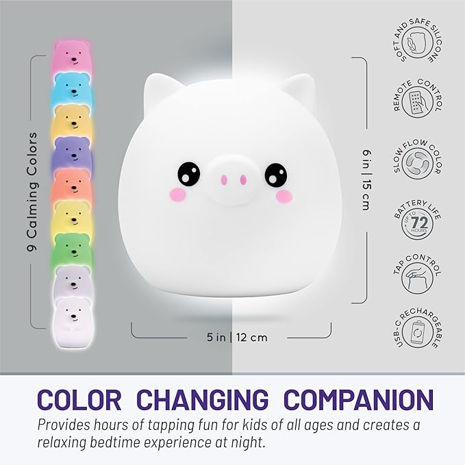 Lumipets Remote Control Silicone Night Light for Kids - Pig Design with 9 Soft Colors & Sleep Timer - Rechargeable, Battery-Operated Lamp for Bedroom | Baby Nursery, Toddler, Girls, Boys - Bloomnest