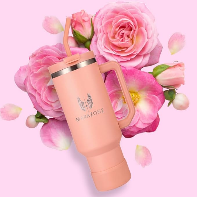40 oz Insulated Tumbler with Handle and Straw – Double Wall Stainless Steel Vacuum Cup | Car Cup Holder Fit | Hot Cold Travel Mug | BPA Free Reusable Water Bottle Gift for Her (Sunset Pink) - Bloomnest