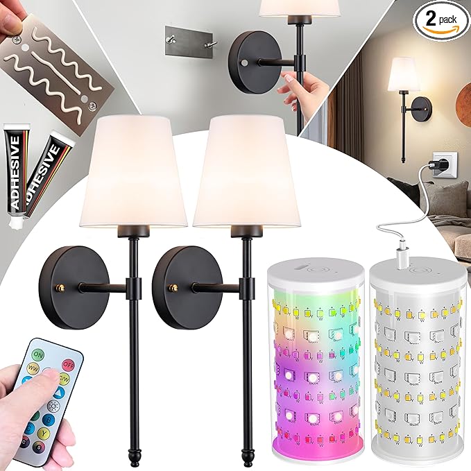 Battery Operated Wall Sconce: Peel and Stick Adhesives Stick On Non Drill Wall Light, Rechargeable Wireless Wall Lamp with Battery Corn Bulb for Bedroom Wall Decor - Bloomnest