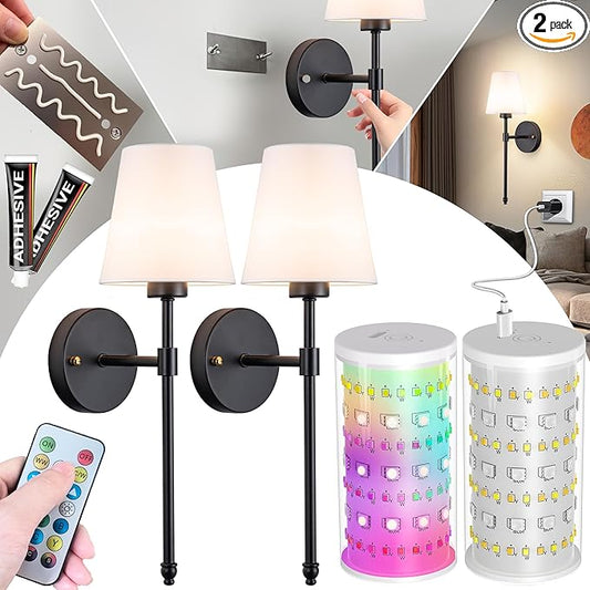 Battery Operated Wall Sconce: Peel and Stick Adhesives Stick On Non Drill Wall Light, Rechargeable Wireless Wall Lamp with Battery Corn Bulb for Bedroom Wall Decor - Bloomnest