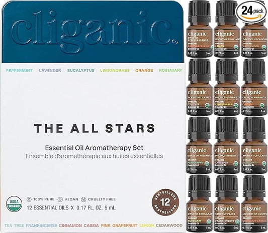 Cliganic Organic Essential Oils Set (Top 12, Pack of 2) - 100% Pure - Peppermint, Lavender, Eucalyptus, Tea Tree, Lemongrass, Rosemary, Frankincense, Orange, Lemon, Cassia, Cedarwood & Grapefruit - Bloomnest