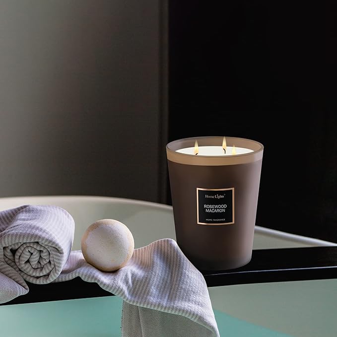 HomeLights Scented Candles | Large Jar Candle - 33.3 Oz. Natural Soy Aromatherapy Candles | Up to 70 Hours Burn Time with 3 Cotton Wicks, Home Decorative Fragrance Candles - Rosewood Macaron - Bloomnest